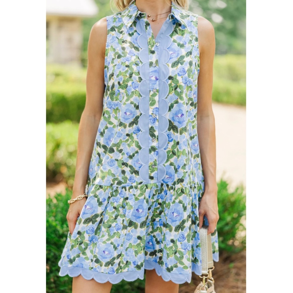 Entro Scallop Floral Mini Dress Cape Cod Floral Button Up Tank Dress Size Small